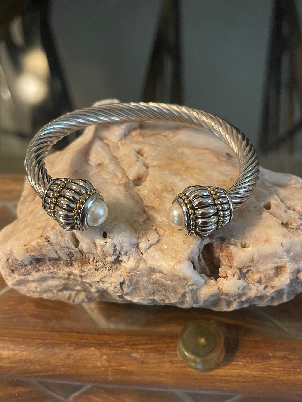 Silver Two Tone Twist Rope Cuff Bracelet with Pearl End Caps